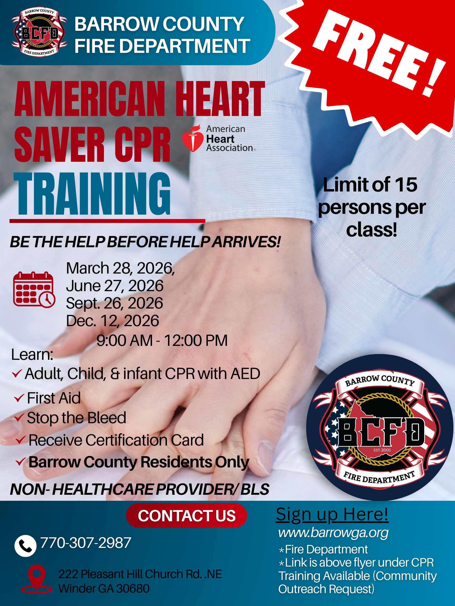 A flyer shows how to sign up for quarterly CPR trainings.